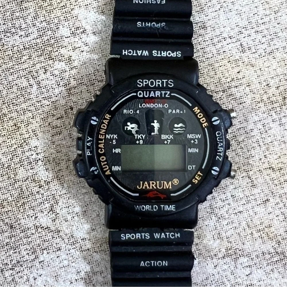 Jarum World‎ Time Digital Sports Watch Black Quartz Resin Strap Mens Womens